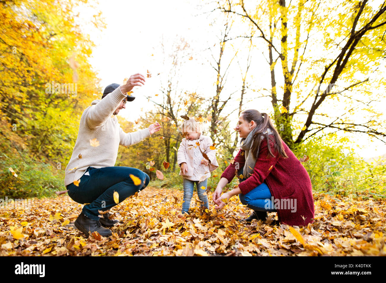Beautiful young family on a walk in autumn forest Stock Photo - Alamy