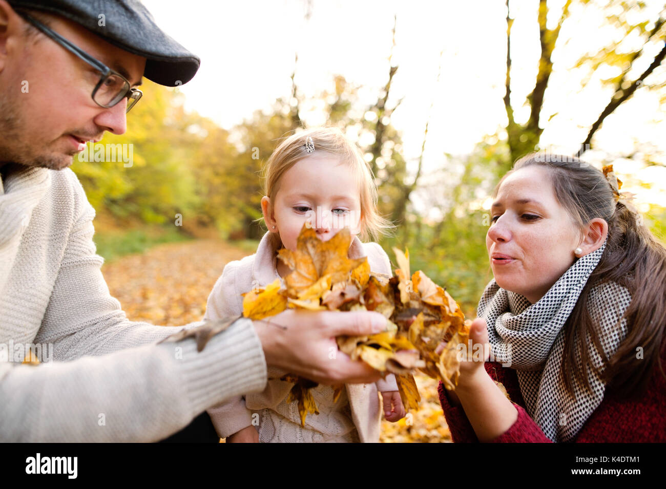 Beautiful young family on a walk in autumn forest Stock Photo - Alamy