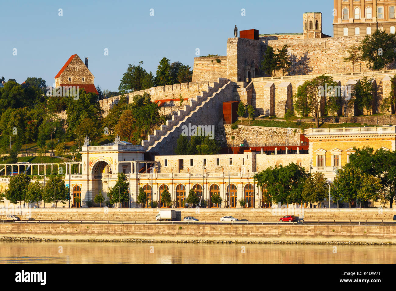 Morning view of Buda castle fortifications and gardens over the river ...
