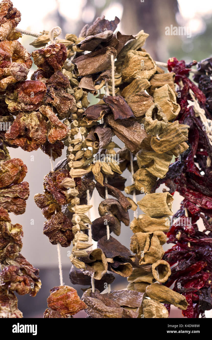 Dry vegetables and spices on  the ropes Stock Photo