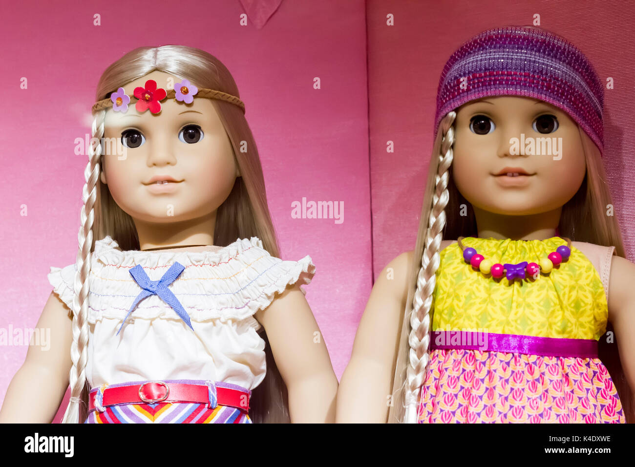 New York City - November 19, 2015: Dolls in The American Girl Place store, in New York City. American Girl Place is a store that sells American Girl d Stock Photo