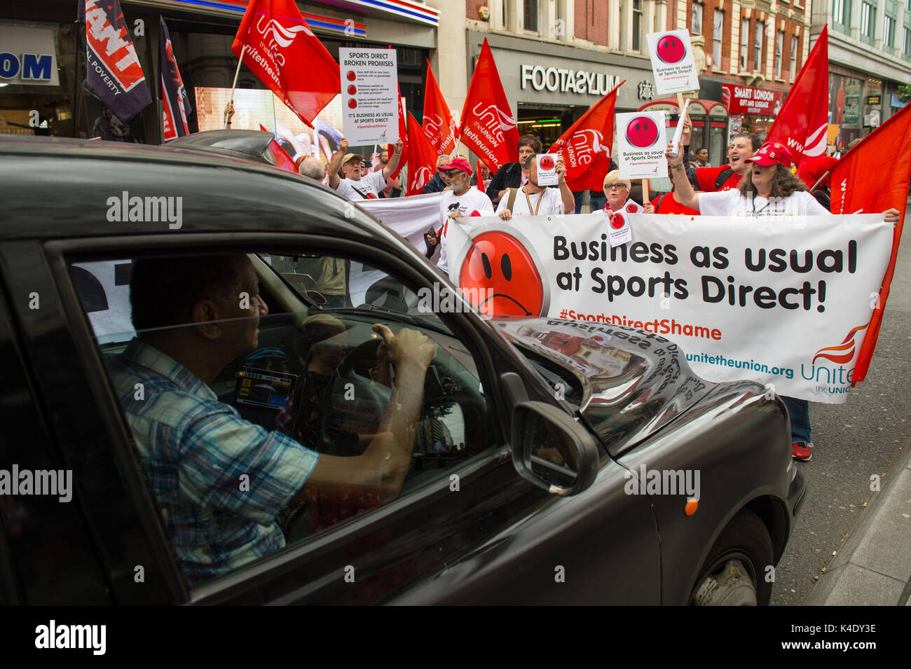 Unite the union protesters outside the Sports Direct flagship store on