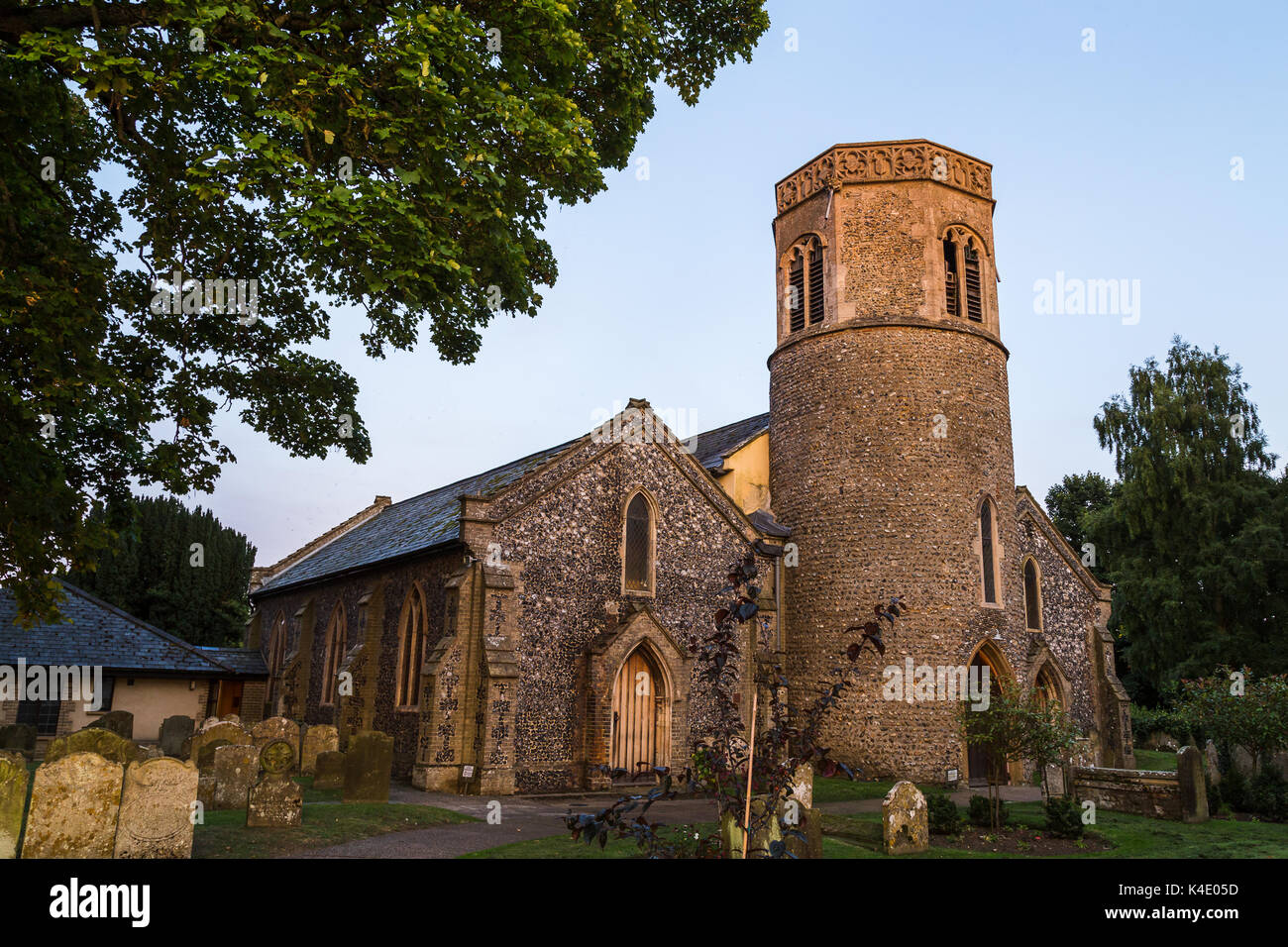 The traditionally built church of Saint Mary's in Watton (central Norfolk) captured at dusk one evening in the summer of 2017. Stock Photo