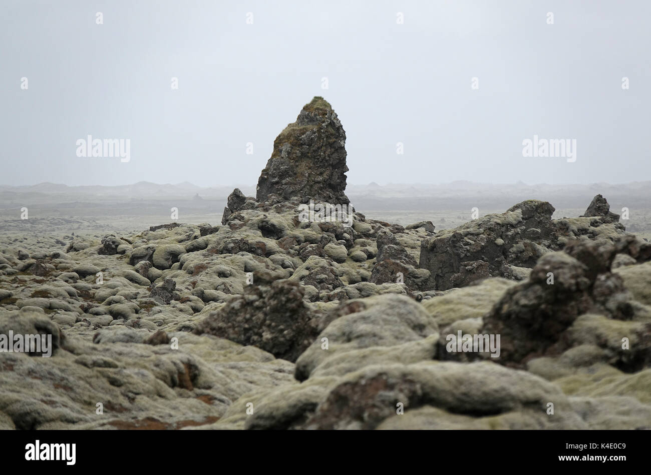 Iceland, A Troll In The Shape Of A Side Face With Hood Lava Rocks Covered With Iceland Moss, Southeast Stock Photo