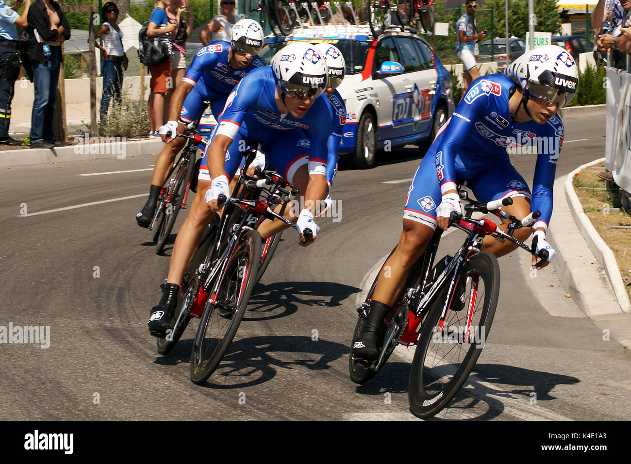 NICE - JULY 2ND : The TOUR 2013  (Tour de France) . FDJ.fr Team during Nice/Nice Stage 4 (25 km). Stock Photo