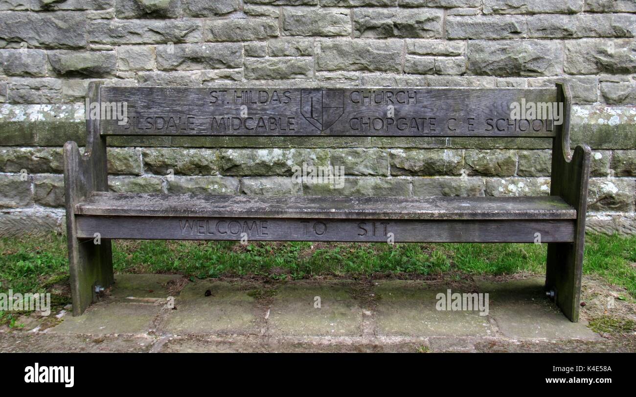 A carved seat at St Hilda's church, Chop Gate Stock Photo - Alamy