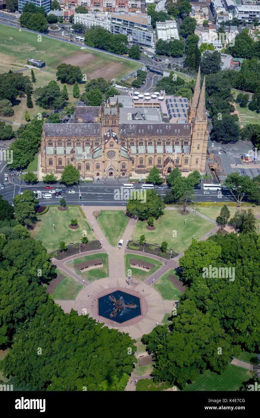 St Mary's Cathedral And The Archibald Fountain In Hyde Park Sydney Australia Aerial View From Sydney Tower Stock Photo