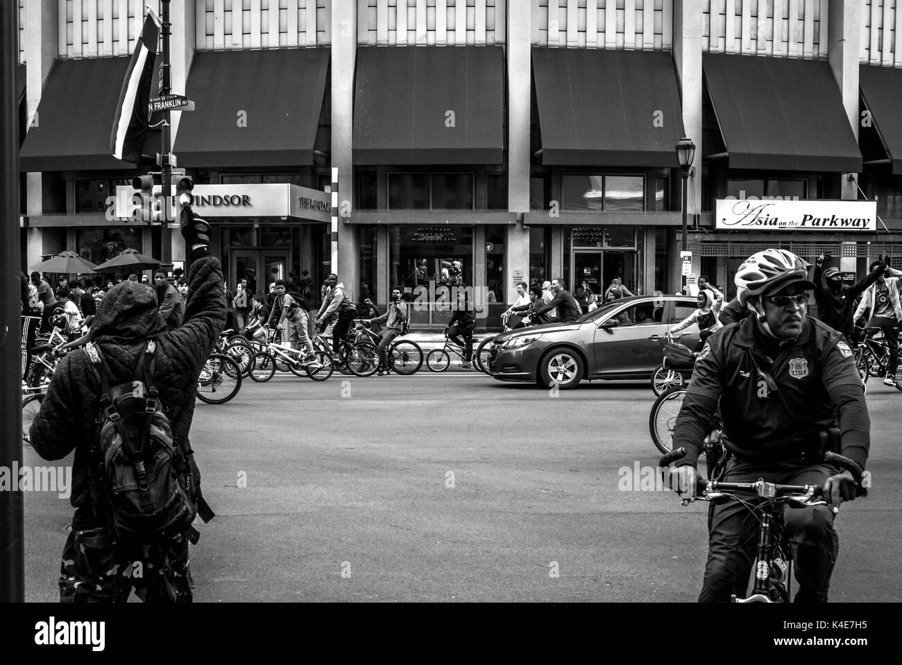 Hundreds of Antifascist protesters take over Downtown Philadelphia to rout a group of White Nationalists at Pro-Trump rally in late March, 2017. Stock Photo