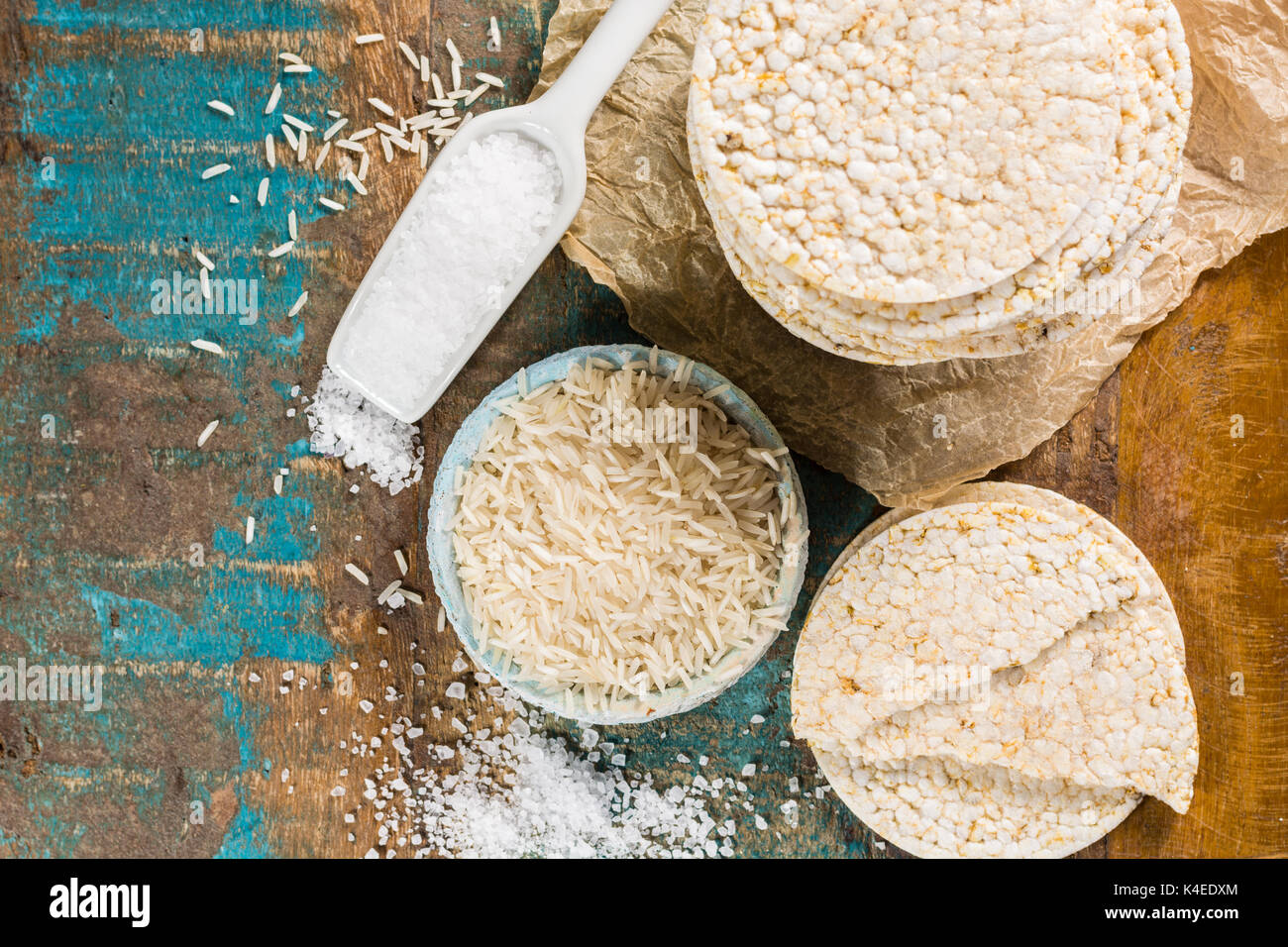 Healthy puffed rice cakes crackers stacked with sea salt close up Stock