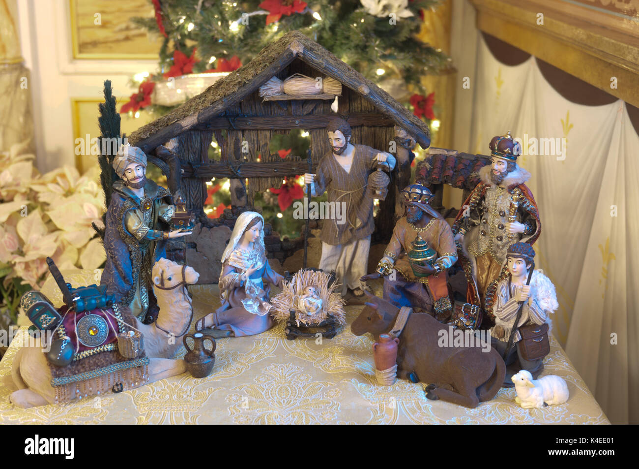 Christmas Nativity Scene with Three Wise Men Presenting Gifts to Baby Jesus, Holy Mary and