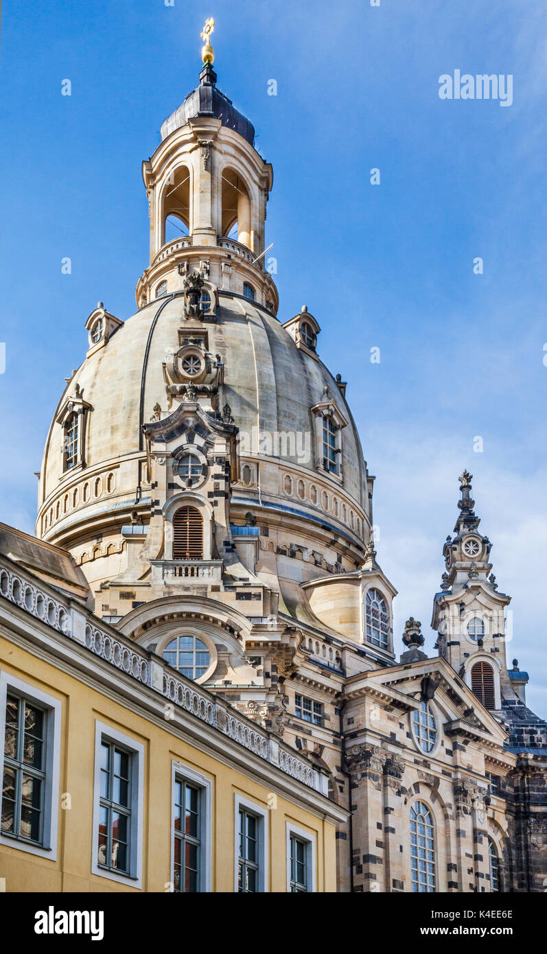 Germany, Saxony, Dresden, view of the imposing sandstone dome of Dresden Frauenkirche from Münzgasse Stock Photo