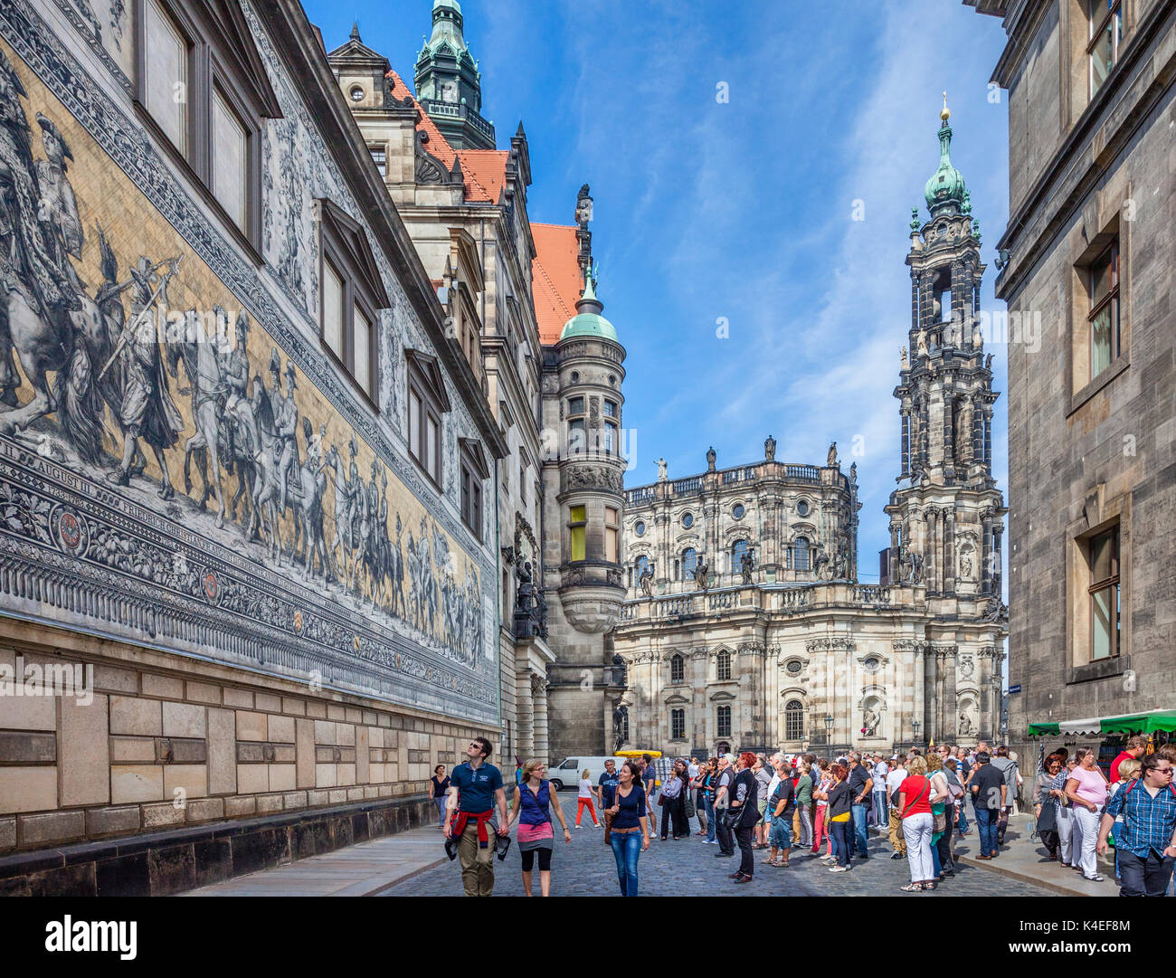 Germany, Saxony, Dresden, view of the 'Fürstenzug' Procession of Princes, a 102 metre long mural of a mounted procession of the rulers of Saxony, made Stock Photo