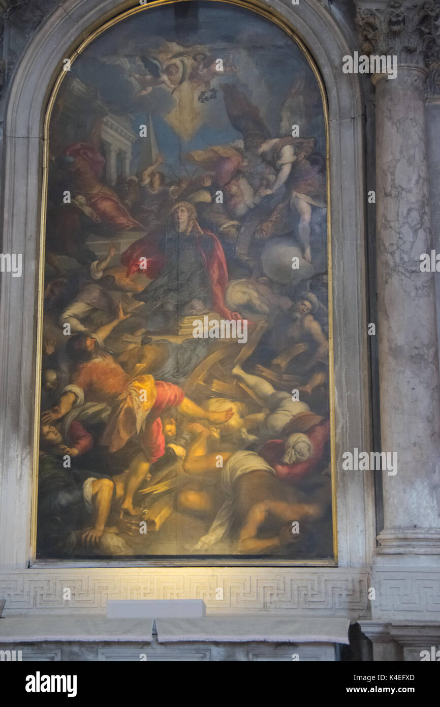 Venice Veneto Italy Basilica di Santa Maria Gloriosa dei Frari interior. Altarpiece, Martirio di Santa Caterina d'Alessandria - Martyrdom of Saint Cat Stock Photo