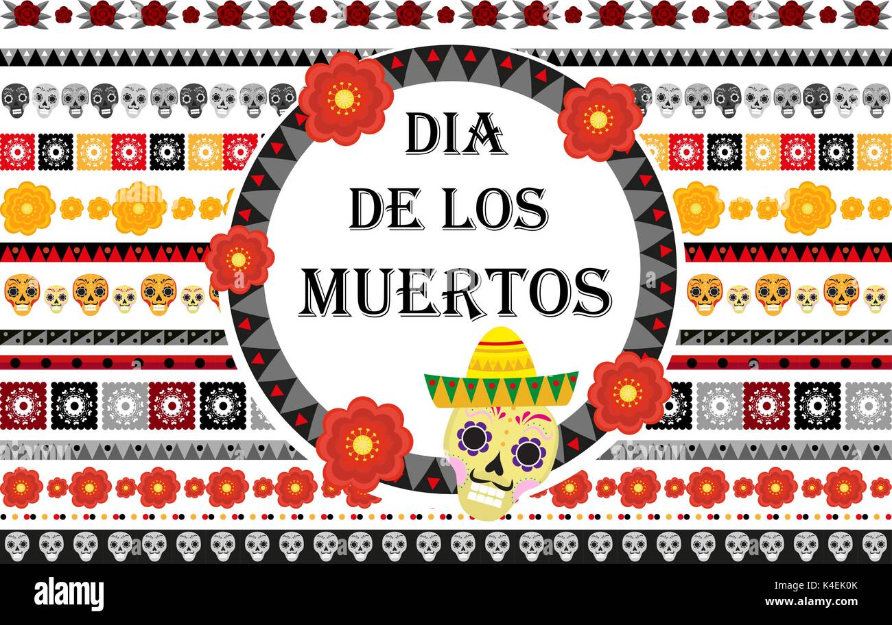 Day of the dead Mexican holiday set of patterned brushes. Dia de los muertos border for your design. Isolated on white background. Vector illustration. Stock Vector