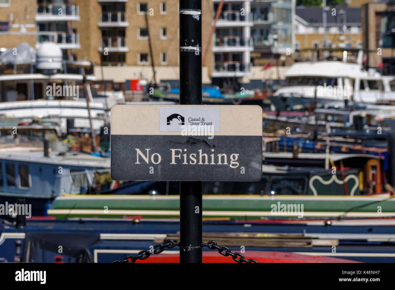 No Fishing sign at Limehouse Basin in London, England United Kingdom UK Stock Photo
