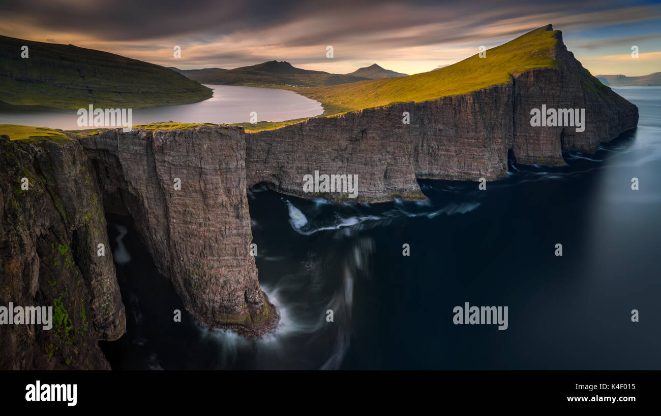Sorvagsvatn lake on cliffs of Vagar island in sunset, Faroe Islands ...