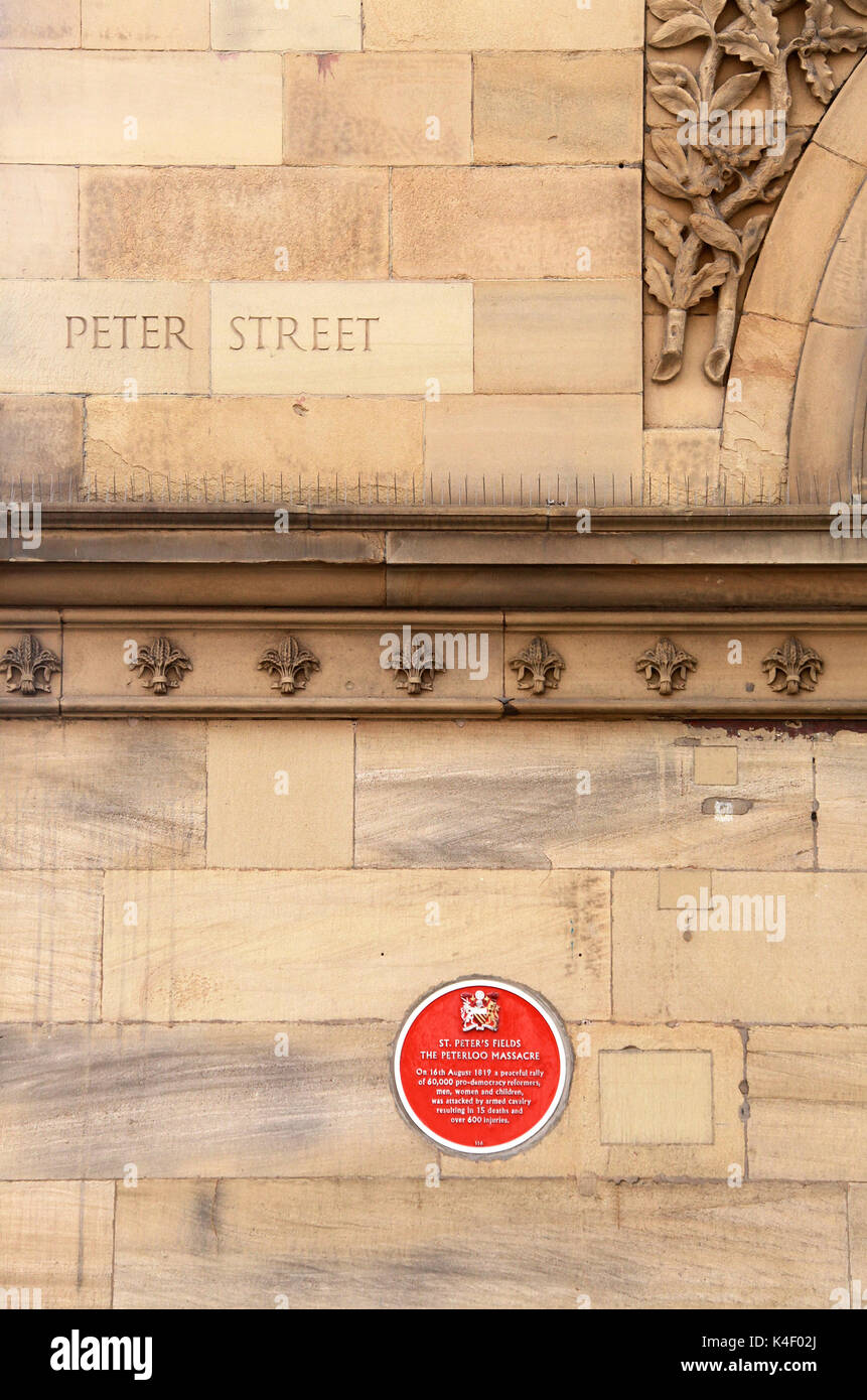 Peterloo Massacre red plaque on the Free Trade Hall building in Manchester which is now the Radisson Hotel Stock Photo