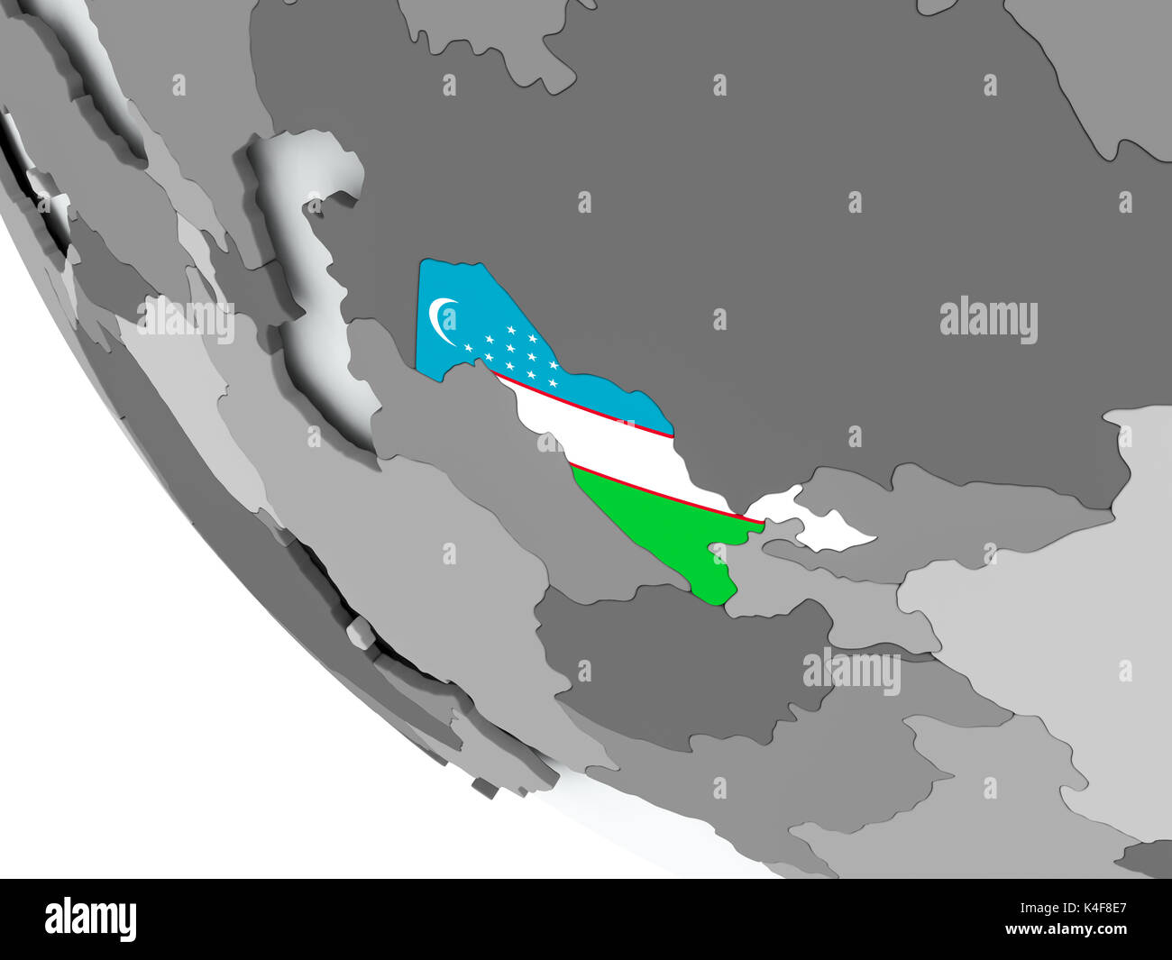 Uzbekistan on political globe with embedded flags. 3D illustration ...