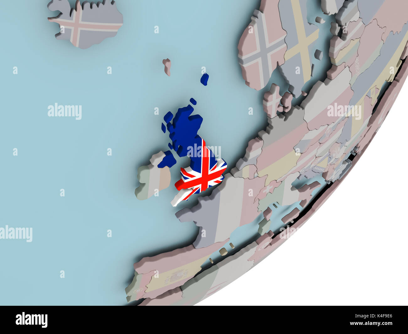 3D render of United Kingdom on political globe with embedded flag. 3D ...