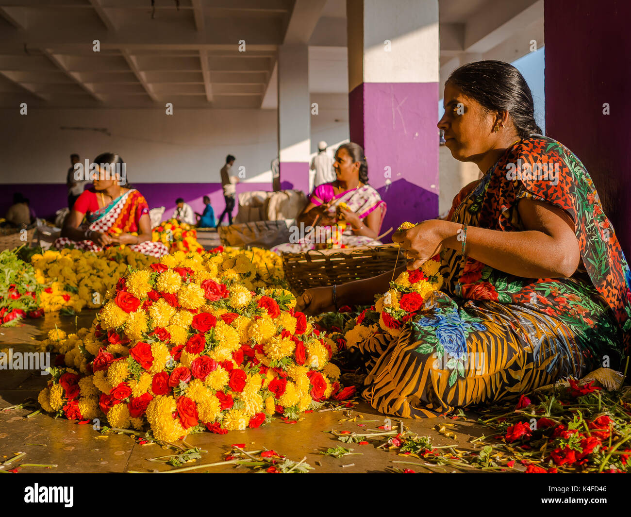 BANGALORE, INDIA June 06 2017 Flower sellers at KR Market in