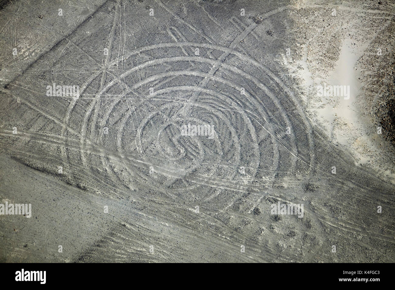 The Spiral, Nazca Lines, (ancient geoglyphs and World Heritage Site) in the desert near Nazca, Ica Region, Peru, South America - aerial Stock Photo