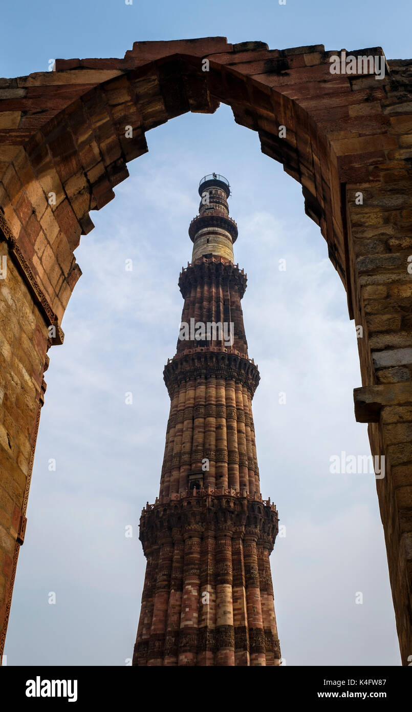 NEW DELHI, INDIA - CIRCA OCTOBER 2016: Minaret at the Qutub Minar complex. With 73 metres, is the tallest brick minaret in the world and second highes Stock Photo