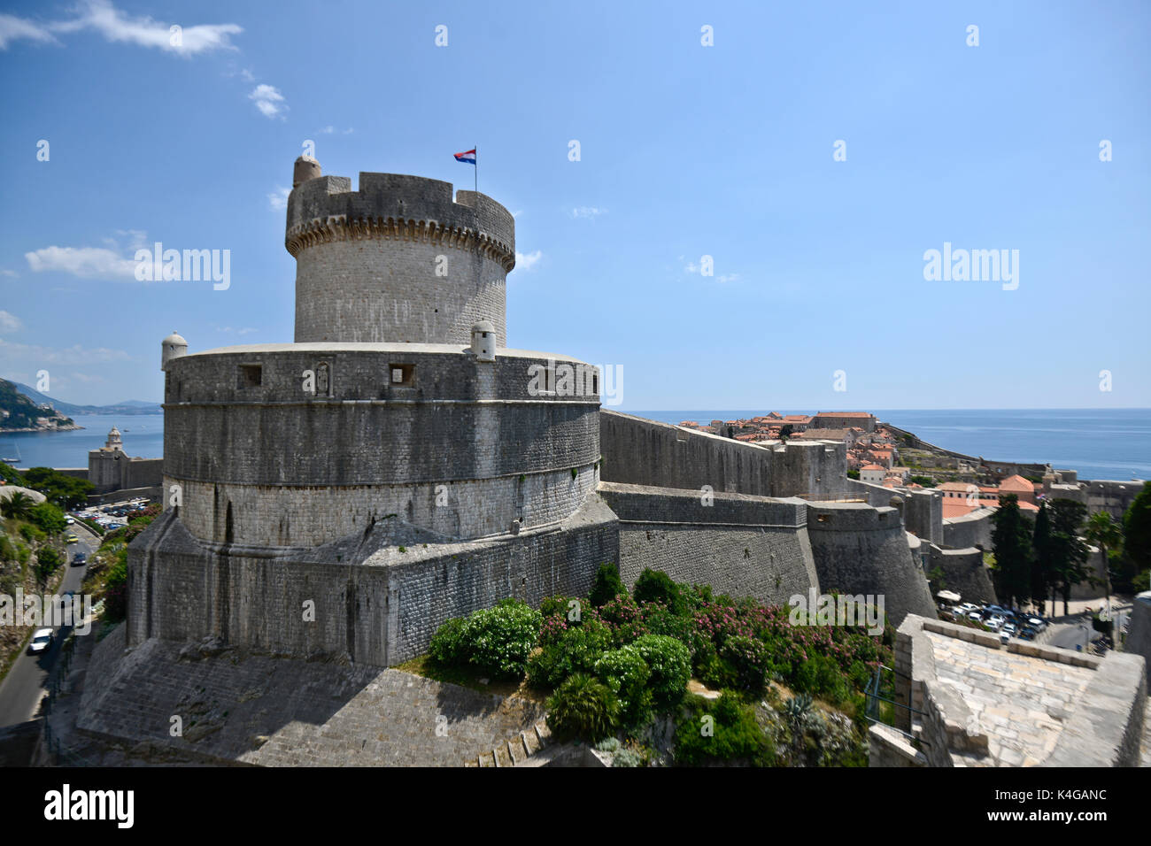 Dubrovnik Old Town wall and defensive tower, Croatia Stock Photo