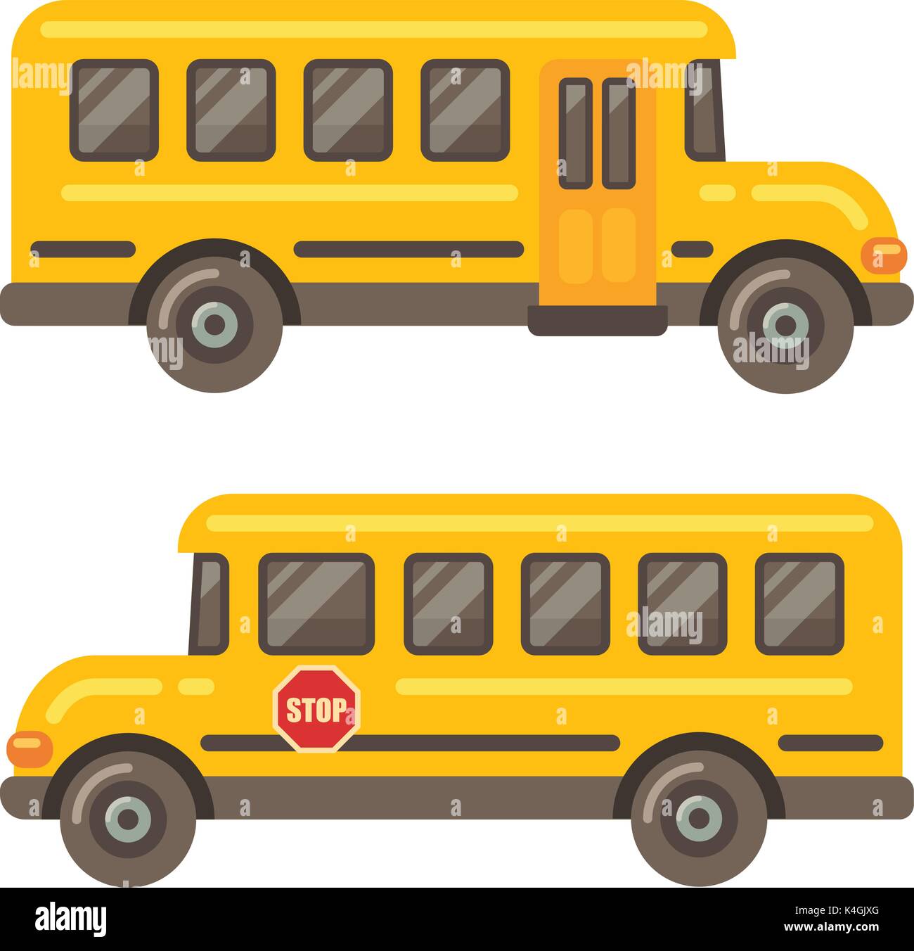 Yellow school bus side views flat illustration on white background