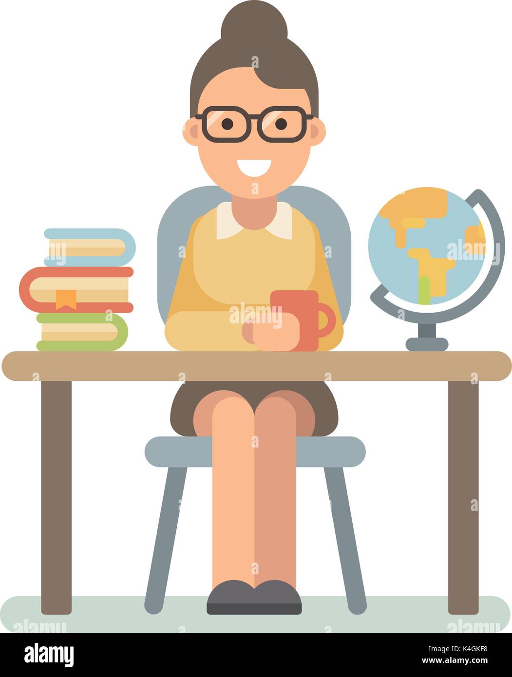 Young teacher sitting at the desk with a pile of books and a globe. Teacher's Day. Back to school Stock Vector