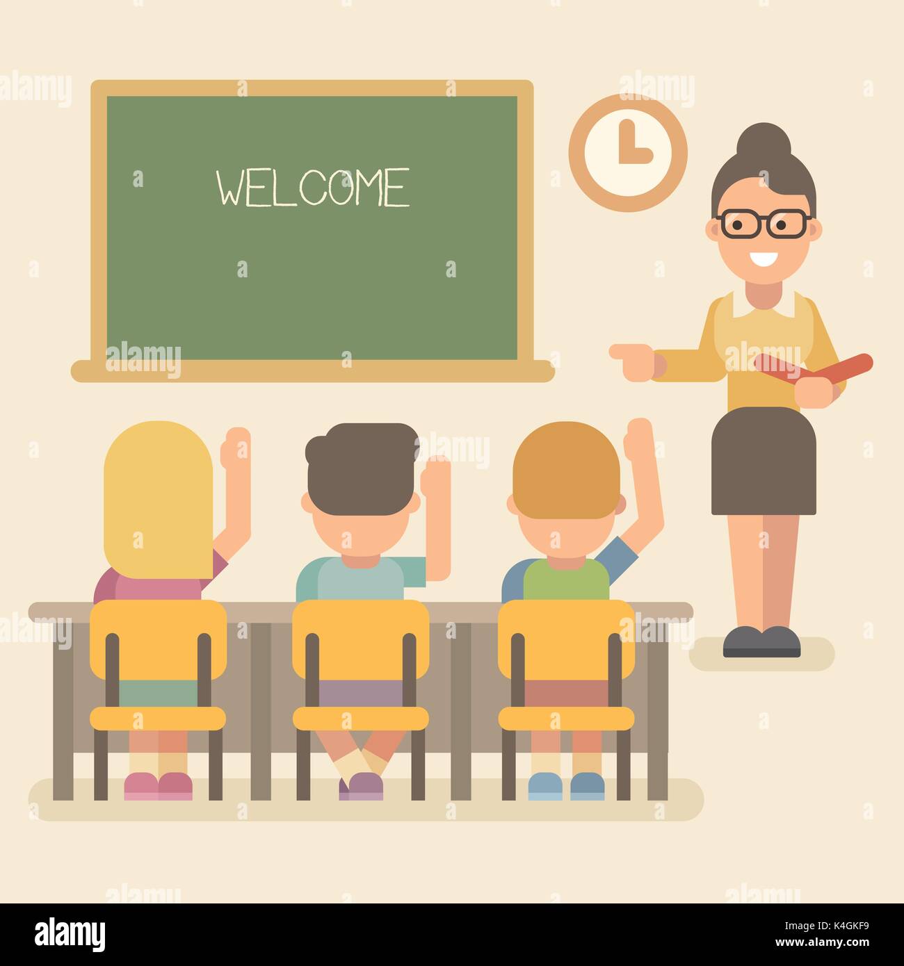 Young teacher with students on a lesson. Children raising hands