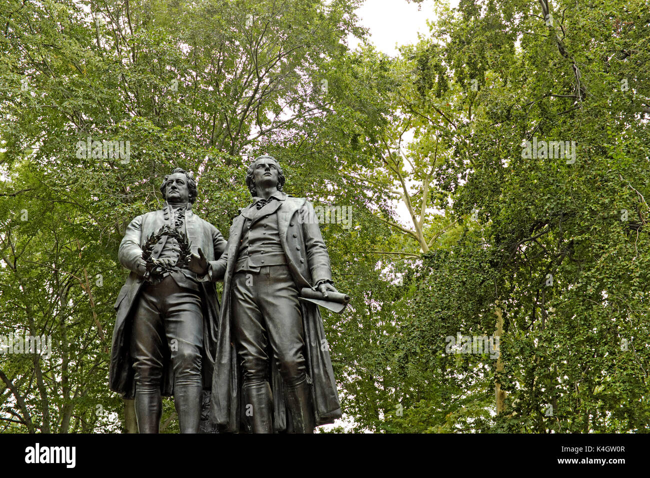Goethe-Schiller monument in the German Cultural Gardens of Wade Park in Cleveland, Ohio, USA is an exact replica of the original in Weimar, Germany. Stock Photo