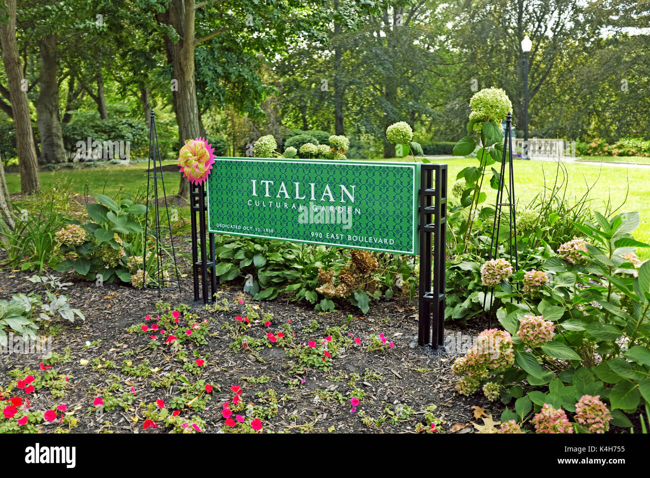 The Italian Cultural Gardens in Cleveland, Ohio, USA were Dedicated in 1930 as a symbol of the contribution of Italian culture to American democracy. Stock Photo