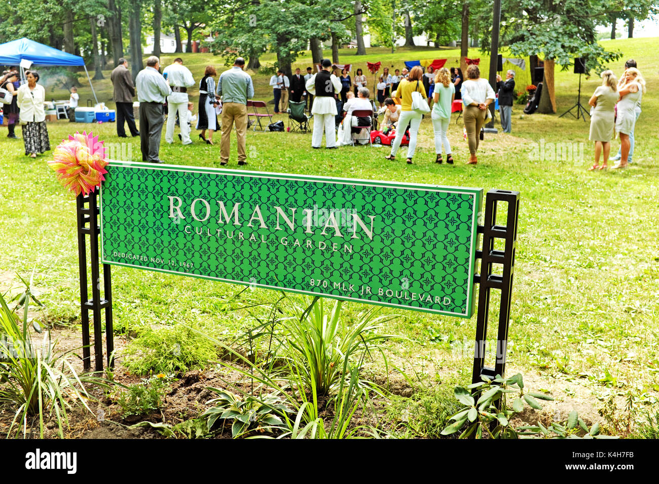 One World Day is celebrated annually in Rockefeller Park.  This Cleveland, Ohio event actively displays cultural ways in designated gardens. Stock Photo