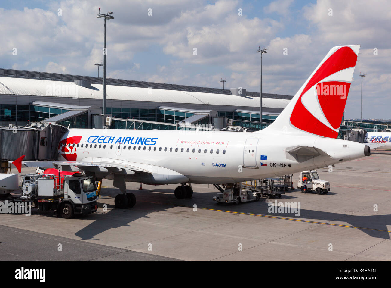 Czech Airlines (CSA) jet, parked in Prague airport. CSA is the national airline of the Czech Republic. Stock Photo