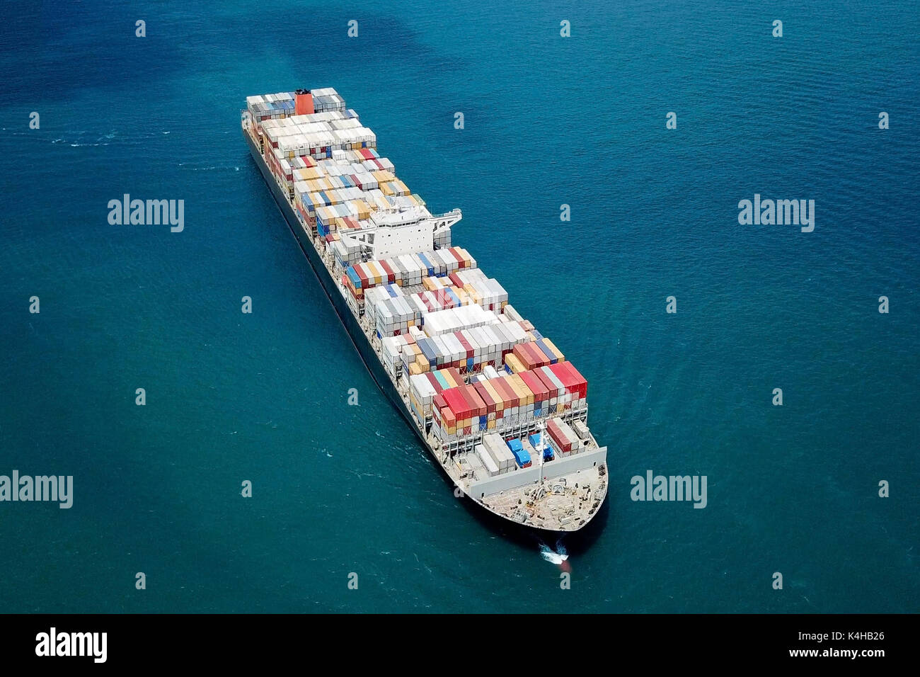 Ultra large container vessel (ULCV) at sea - Aerial image Stock Photo
