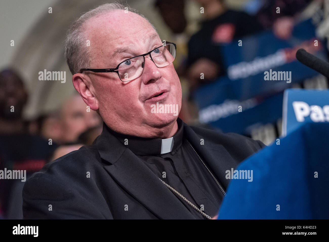 New York, United States. 05th Sep, 2017. Cardinal Timothy Dolan is seen in City Hall. Following President Donald J. Trump's decision to revoke the Obama-era 'Deferred Action for Childhood Arrivals' (DACA) policy, NYC Mayor, First Lady Chirlaine McCray, key elected City officials and clergy spoke at a rally inside City Hall's rotunda. Credit: PACIFIC PRESS/Alamy Live News Stock Photo