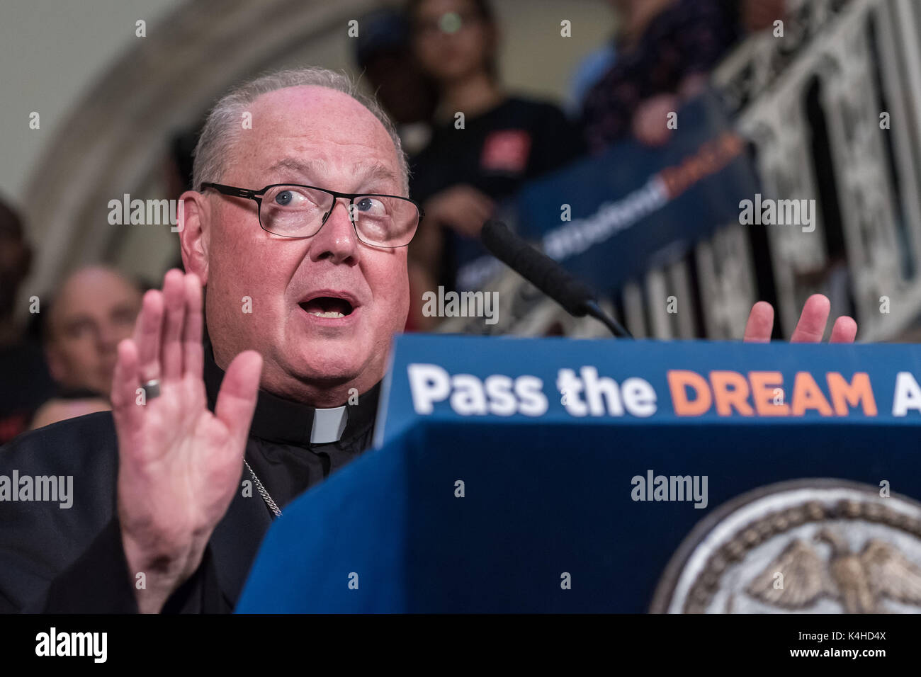 New York, United States. 05th Sep, 2017. Cardinal Timothy Dolan is seen in City Hall. Following President Donald J. Trump's decision to revoke the Obama-era 'Deferred Action for Childhood Arrivals' (DACA) policy, NYC Mayor, First Lady Chirlaine McCray, key elected City officials and clergy spoke at a rally inside City Hall's rotunda. Credit: PACIFIC PRESS/Alamy Live News Stock Photo