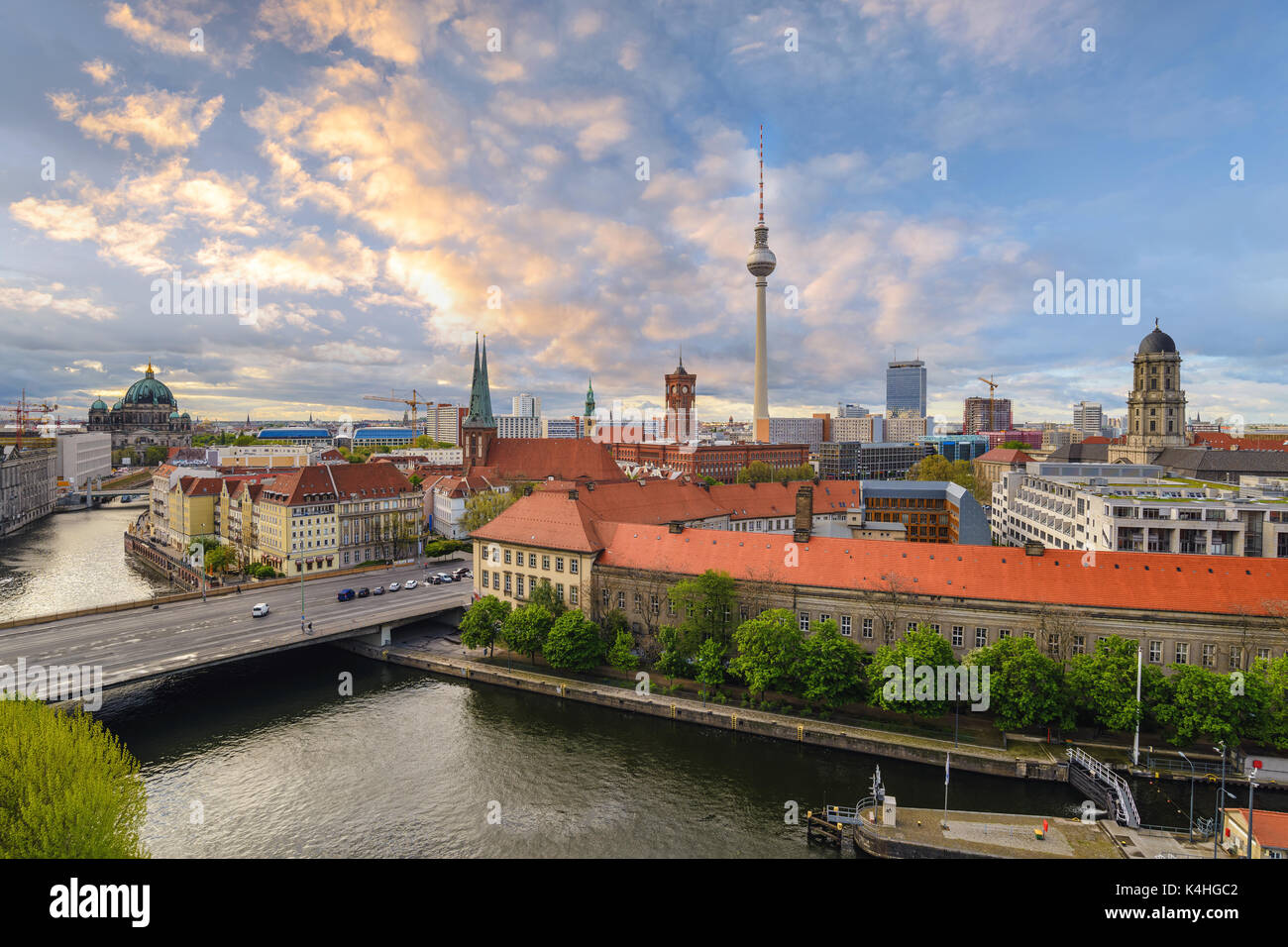 Berlin sunset city skyline at Spree River with Berlin Cathedral, Berlin, Germany Stock Photo
