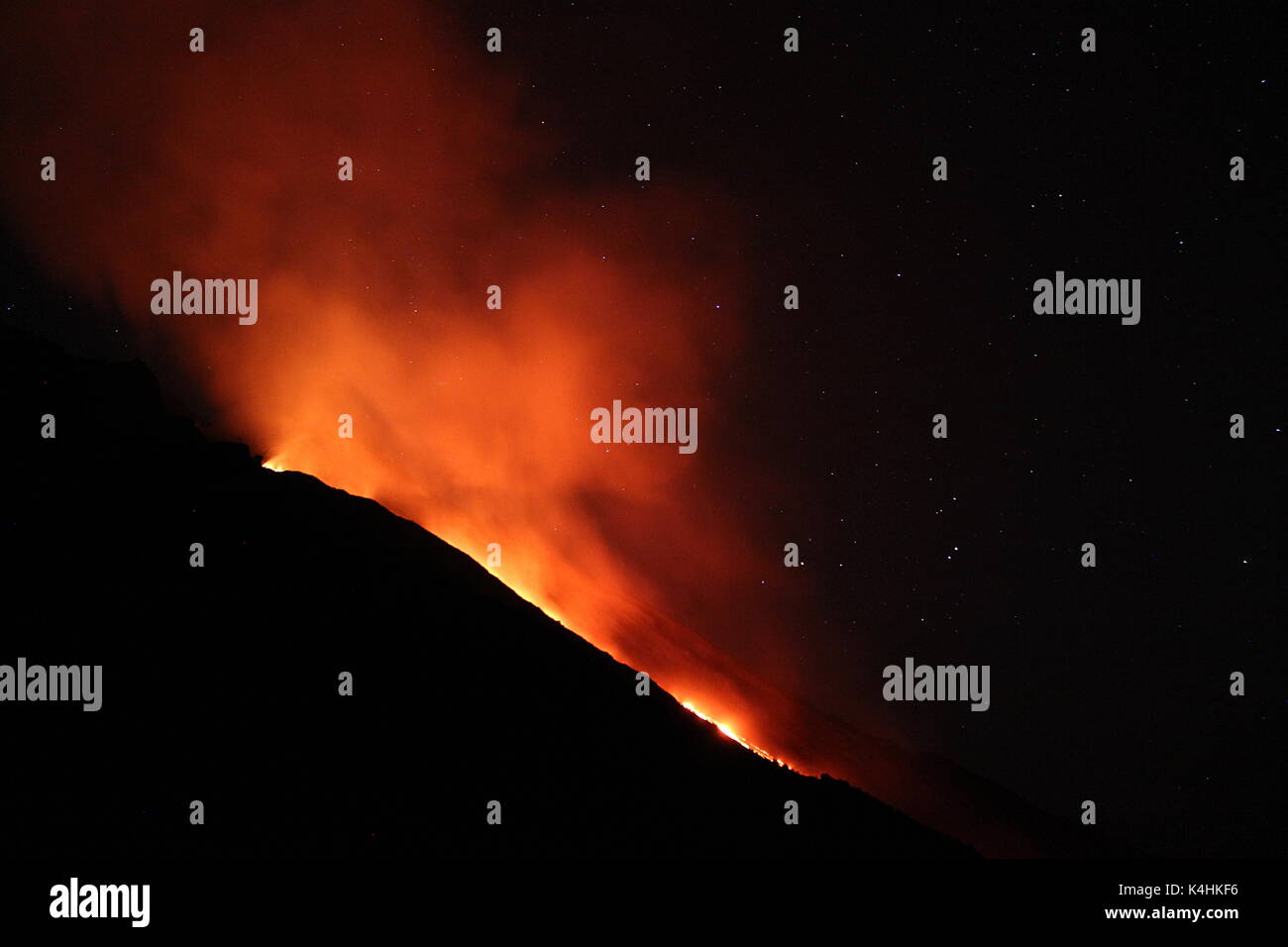Night time eruption of Stromboli in the Italian Aeolian Islands Stock Photo