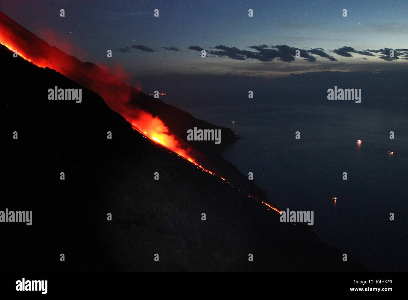 Lava sliding down Stromboli in the Italian Aeolian Islands Stock Photo