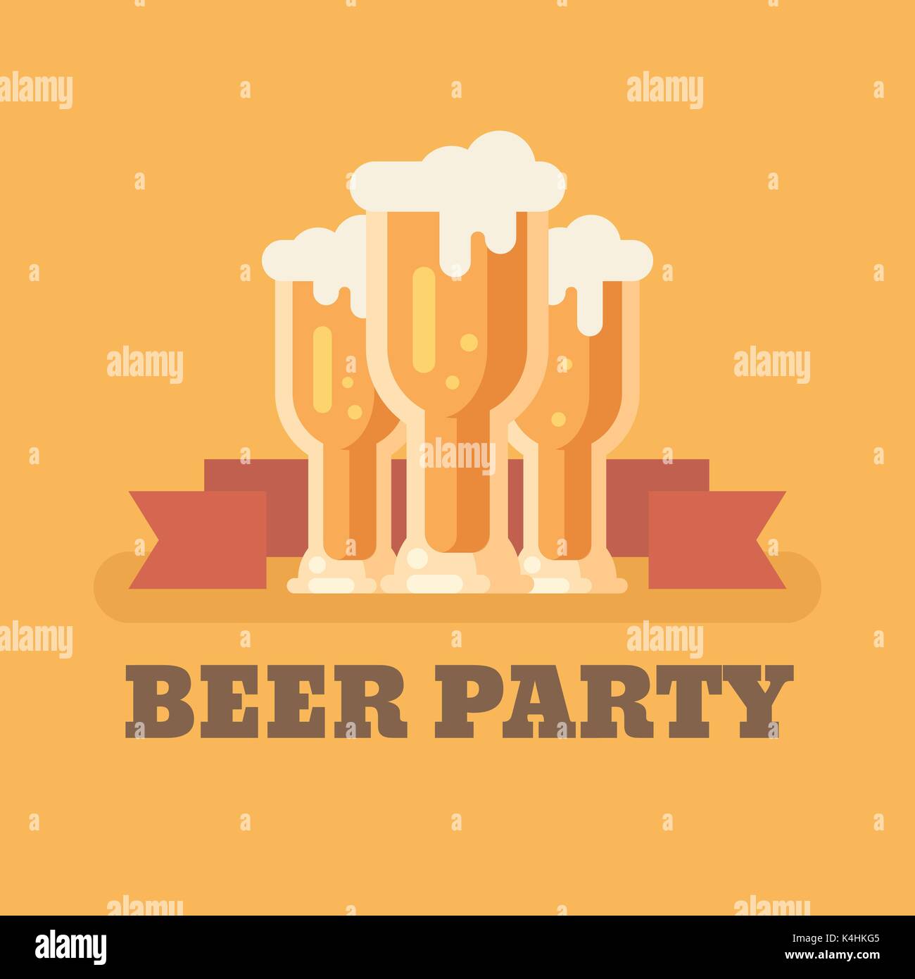 Three beer glasses on orange background flat illustration. Beer party banner Stock Vector
