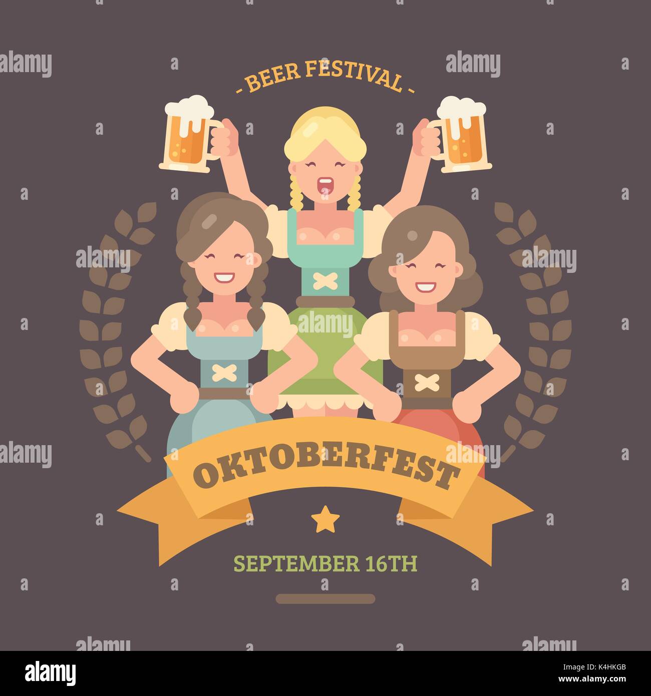 Oktoberfest flat illustration banner. Three beer maids in dirndl dresses. Blonde girl holding two beers. Beer festival poster Stock Vector