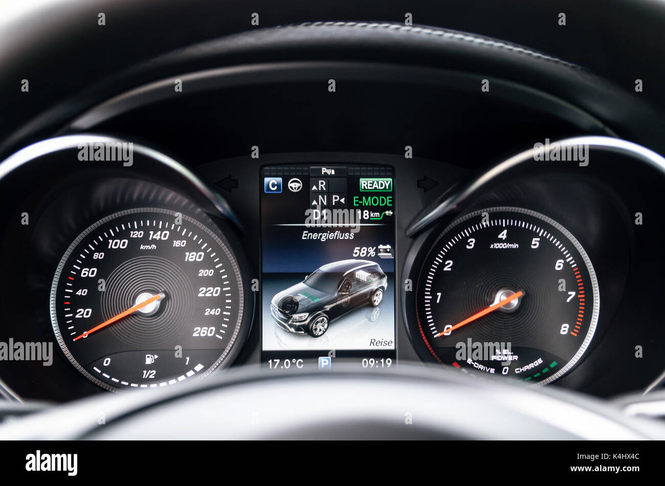 Minsk, Belarus - August 26, 2017: Dashboard of Mercedes-Benz GLC 350 e Plug-In Hybrid close up. Stock Photo