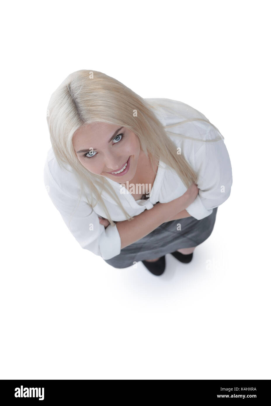 Top view. Successful business woman is looking at the camera. Stock Photo