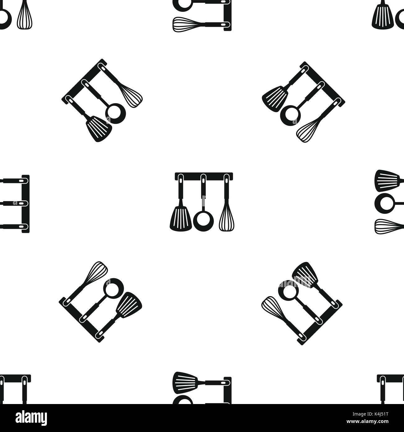 Spatula, ladle and whisk, kitchen tools pattern seamless black Stock Vector