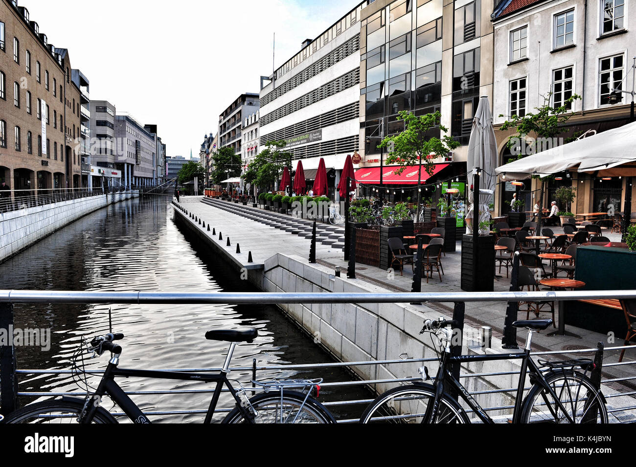 The pedestrianized canal zone in Aarhus (Aboulevarden). In the 1930s, Aarhus covered over its river to make a new road, but in the 1980s, locals decid Stock Photo