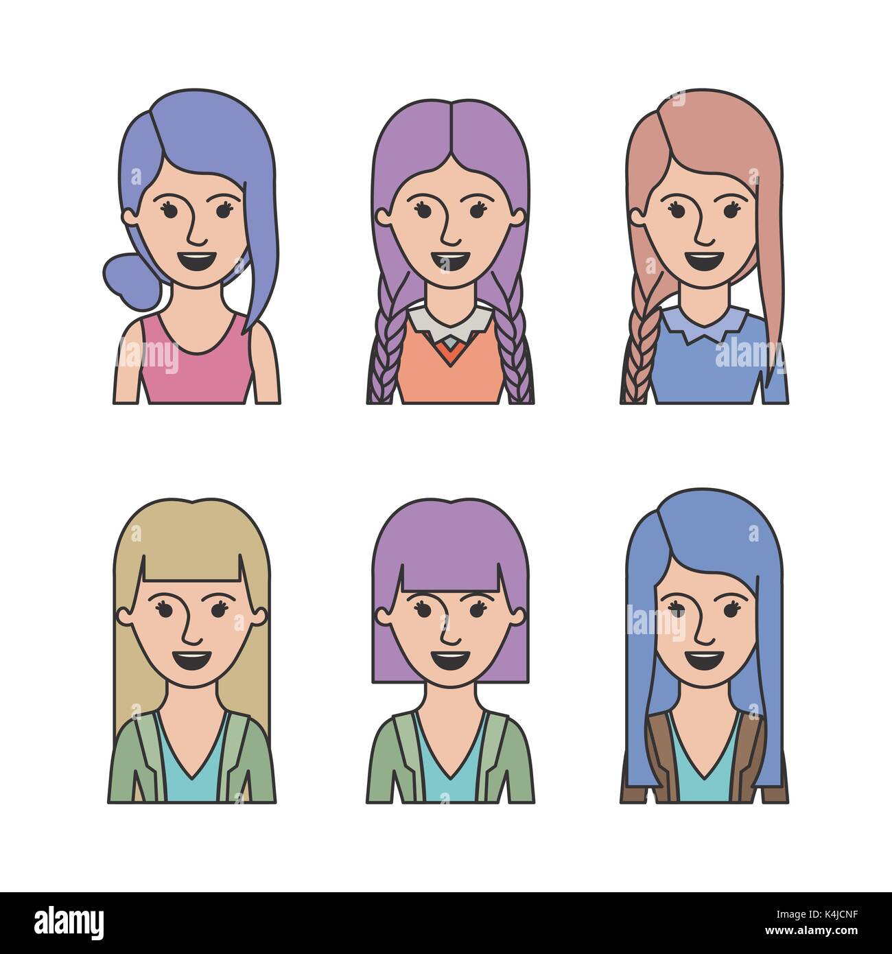 caricature half body women with differents haircut set on white background Stock Vector
