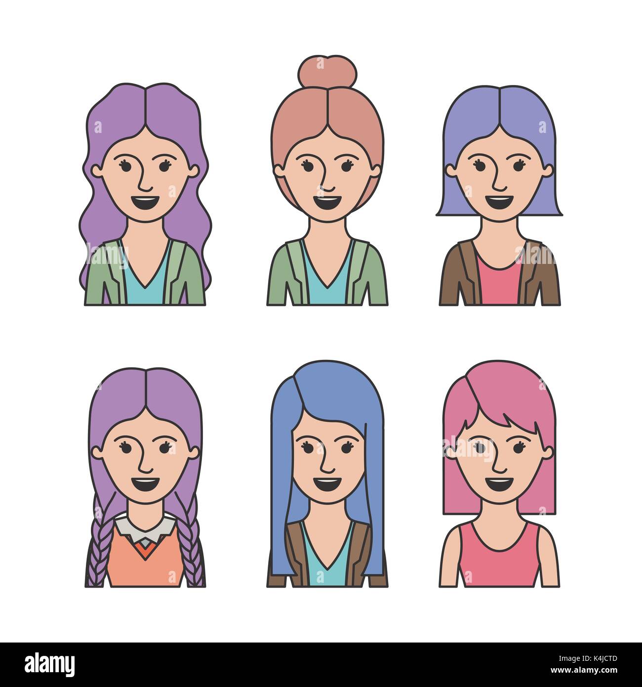caricature half body women with differents haircut and clothes set on white background Stock Vector