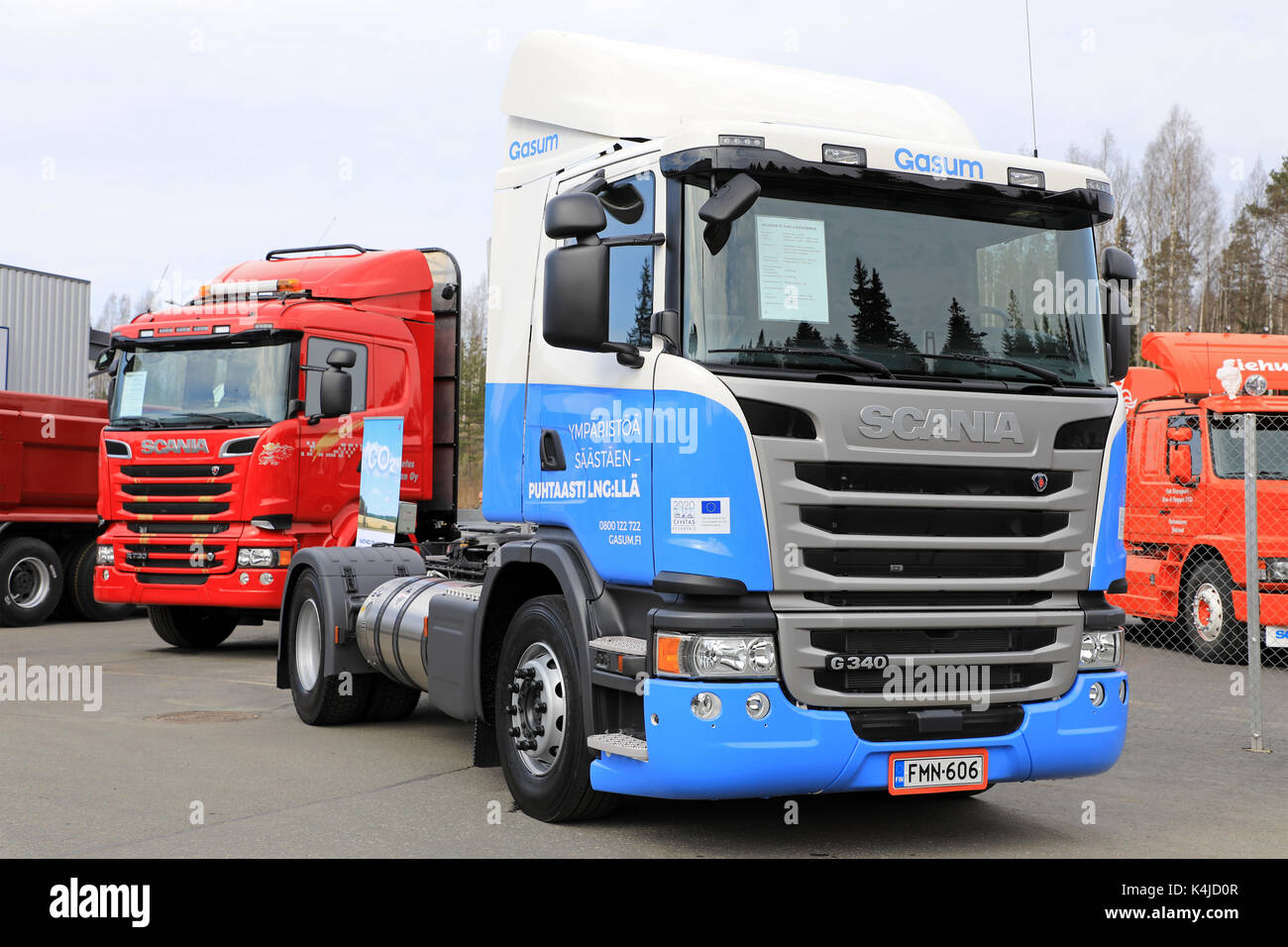 LAUKAA, FINLAND - MAY 19, 2017: LNG or liquified natural gas powered Scania G340 truck of Gasum on Scania Exhibition on Scania Center Central Finland, Stock Photo