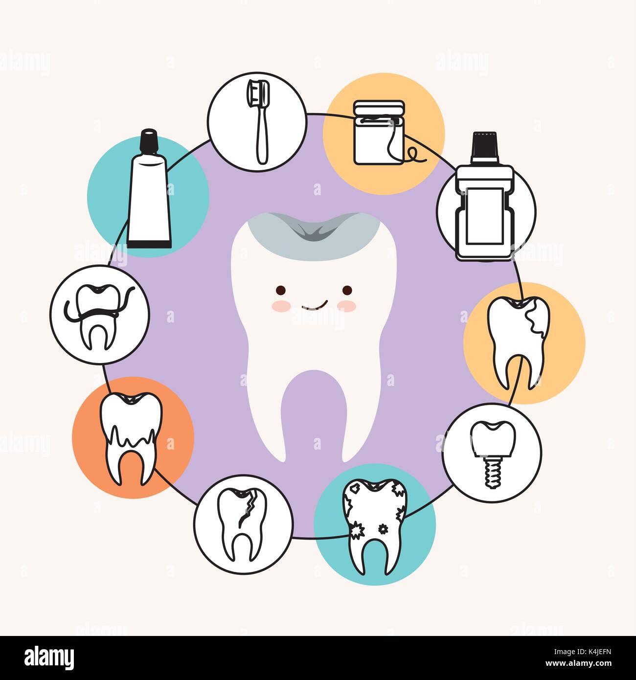 kawaii caricature healthy tooth dental care with happiness expression with circular frame icons dental care on white background Stock Vector